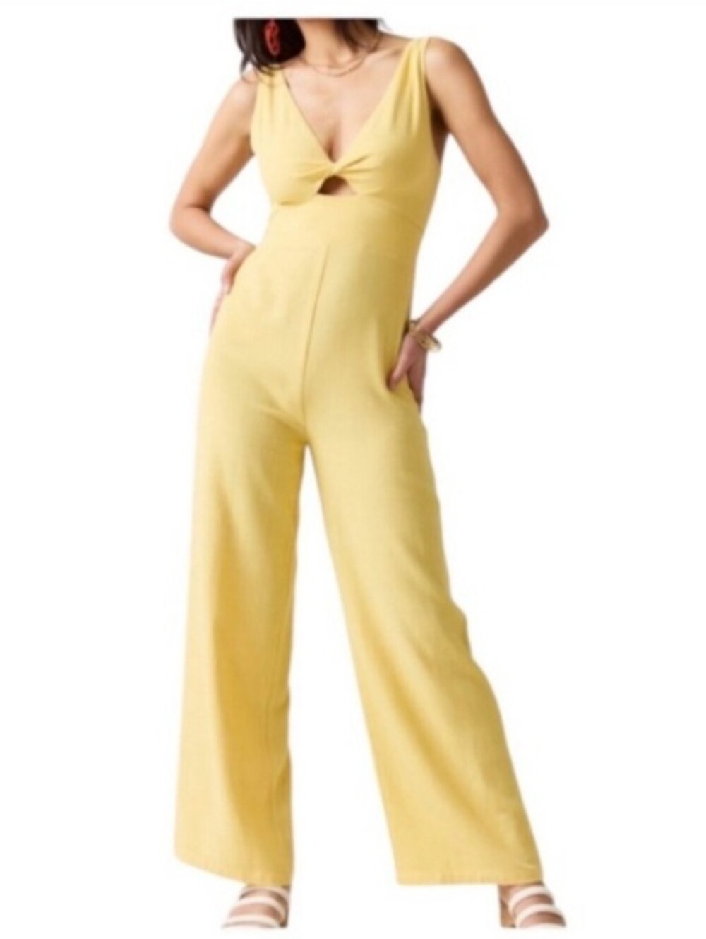 V-Neck Cutout Wide-Leg Jumpsuit in Yellow